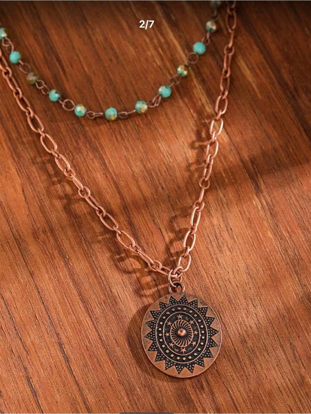 Layered Boho Bronze Necklace with Blue Bead Accents